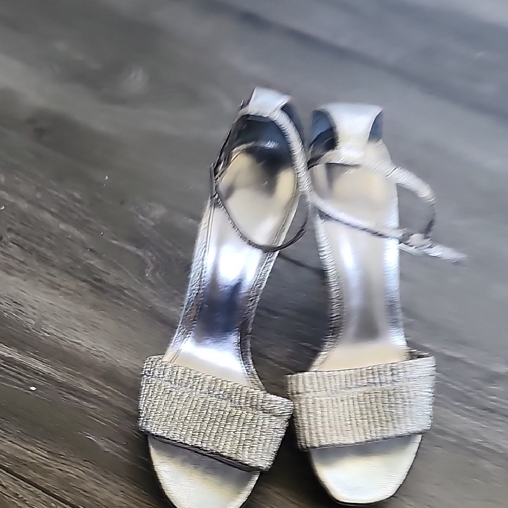 Calvin Klein Silver Heels with Rhinestone Ankle Strap